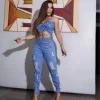 Conjunto Feminino Calça E Cropped Jeans Com Lycra